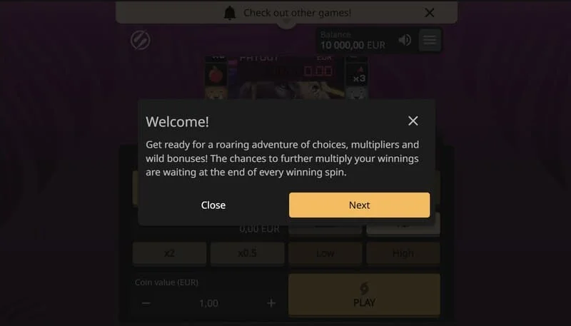 Lion Zama Fruits Bonus Spins - sesión activa con símbolos clásicos de frutas y 777